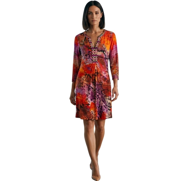 Hale Bob Dresses & Skirts - HALE BOB Lulie Jersey Dress Small Animal Print Mixed Media Red Orange NWT $238